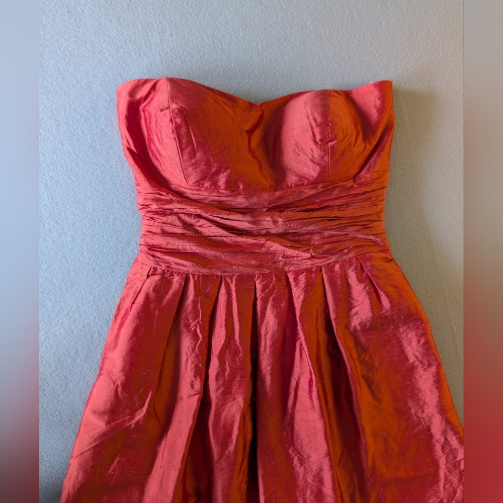 Jenny Yoo 100% Silk Coral Orange Strapless Ruched Waist Cocktail Dress Sz 8 - Picture 5 of 15